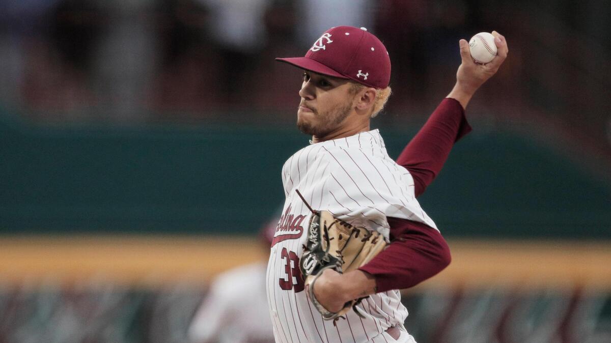 South Carolina’s Noah Hall 33 plays Georgia at Founders Park on Friday, April 8, 2022.