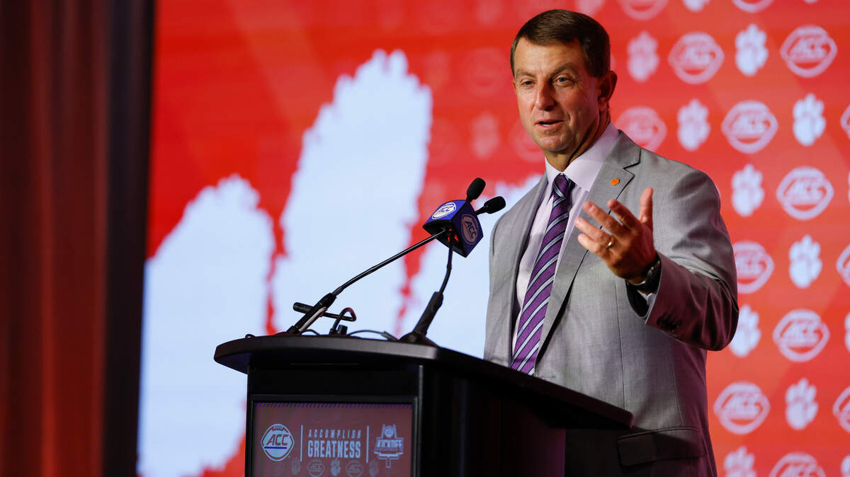 Clemson head coach Dabo Swinney speaks to the media at the 2024 ACC Kickoff in Charlotte, N.C., Thursday, July 25, 2024.
