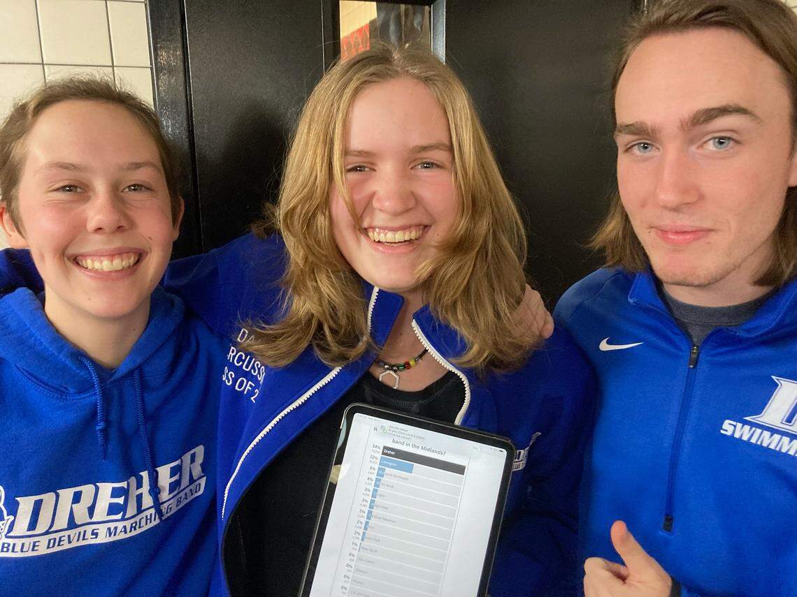 Dreher High Schoo marching band drum majors Elizabeth Nobles, Darby Waund and Daniel Lacoste.