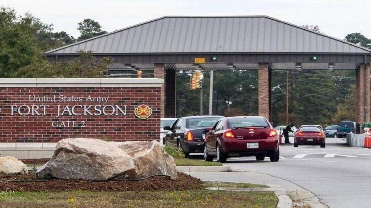 Cars line up to get onto Fort Jackson. People wanting to hike the Palmetto Trail through the fort must get a pass at this gate on Forest Drive in Columbia, SC