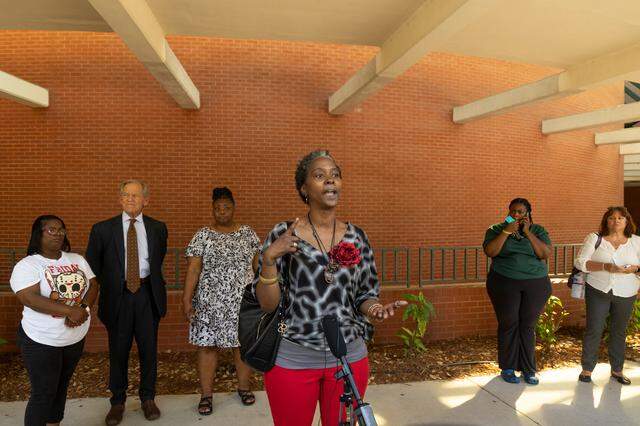 Sharon Williams speaks about the conditions at the Alvin S. Glenn Detention Center during a press conference outside the Richland County Administration building.