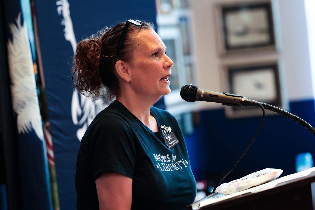Dawn Pierce, Lexington County Chapter Chair for Moms for Liberty, speaks during a meeting of Moms for Liberty at The Flight Deck in Lexington on Monday, Sept. 15, 2025.
