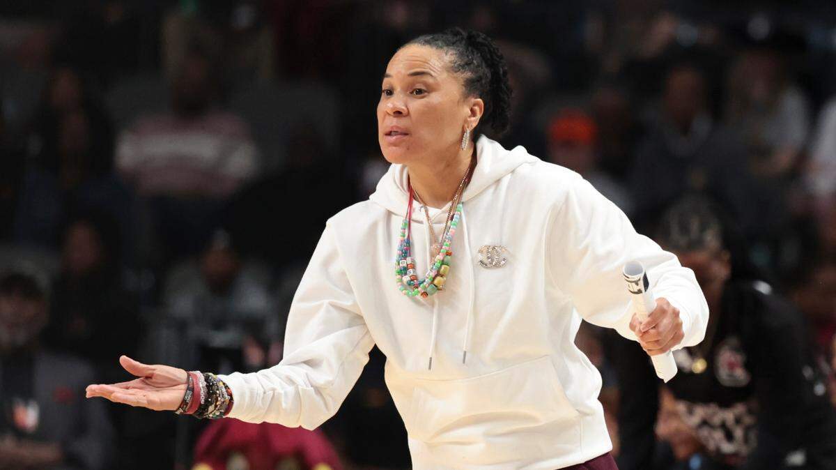 University of South Carolina Head Coach Dawn Staley yells to the team during the first half of action at the Legacy Arena in Birmingham on Sunday, March 30, 2025 in the Birmingham 2 regional of the NCAA Tournament.