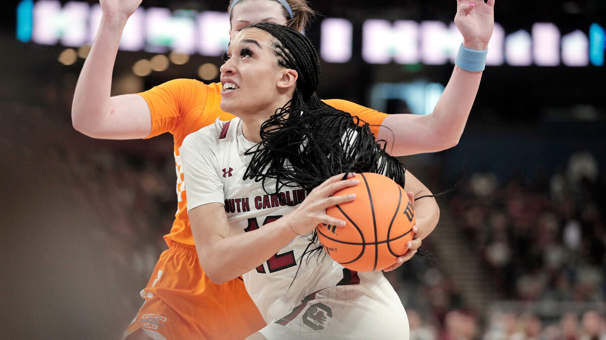 South Carolina’s Brea Beal drives the ball against Tennessee during Sunday’s SEC tournament championship game at Bon Secours Wellness Arena in Greenville.