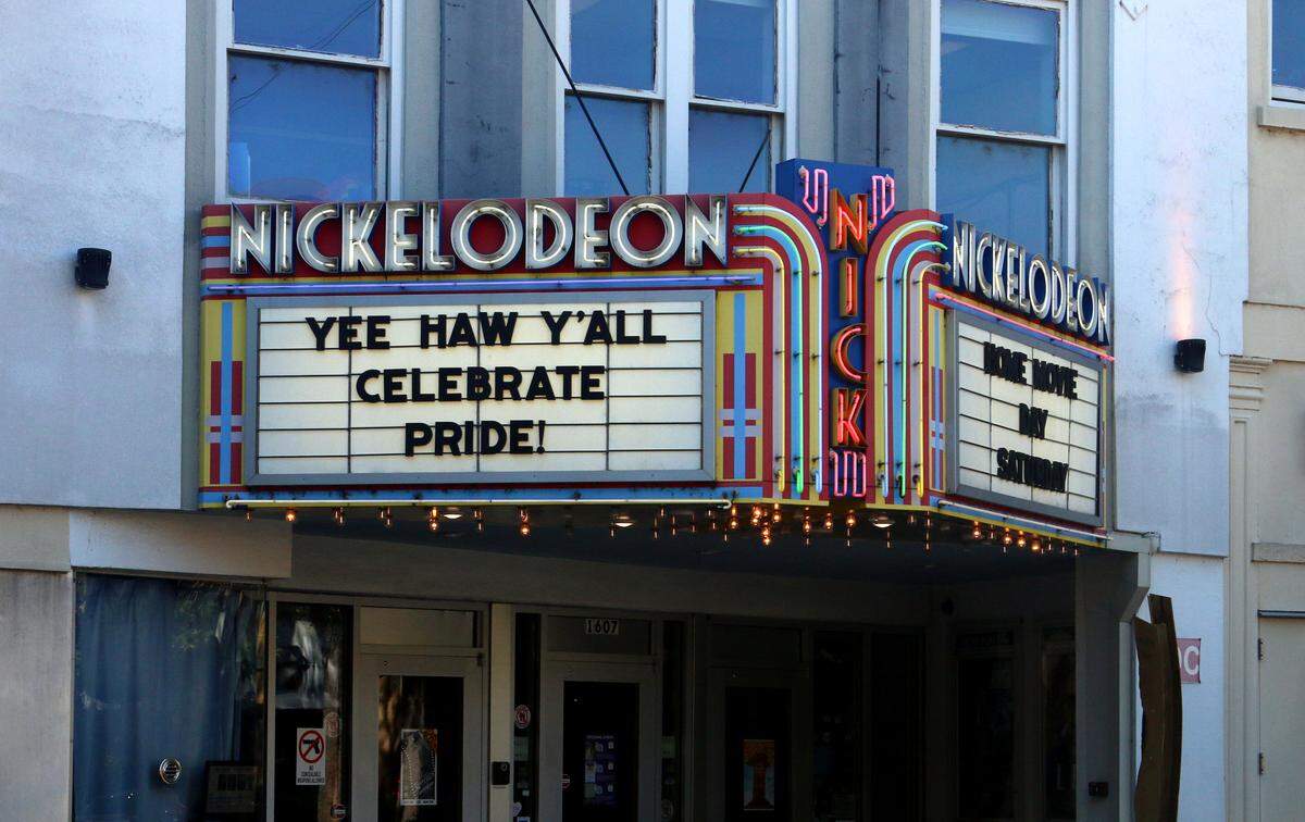 The Nickeloden theater marquee trumpets SC Pride week and Home Movie Day on Oct. 17, 2024.
