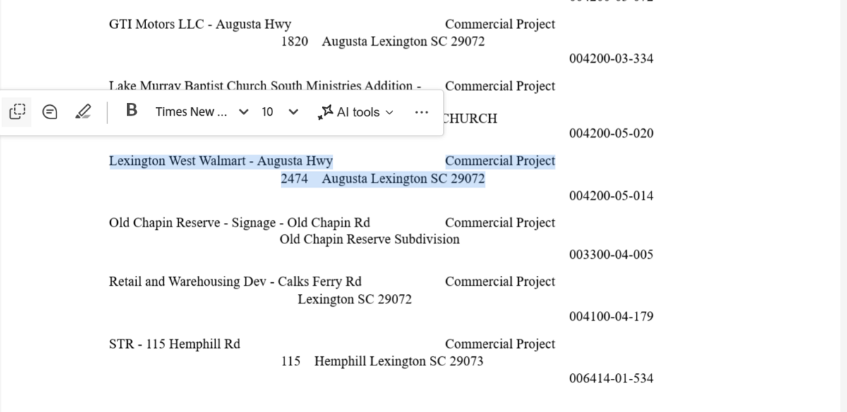 An entry for a Walmart at 2474 Augusta Highway in Lexington, highlighted here, appears in the July 2026 Lexington County Planning Commission Agenda.