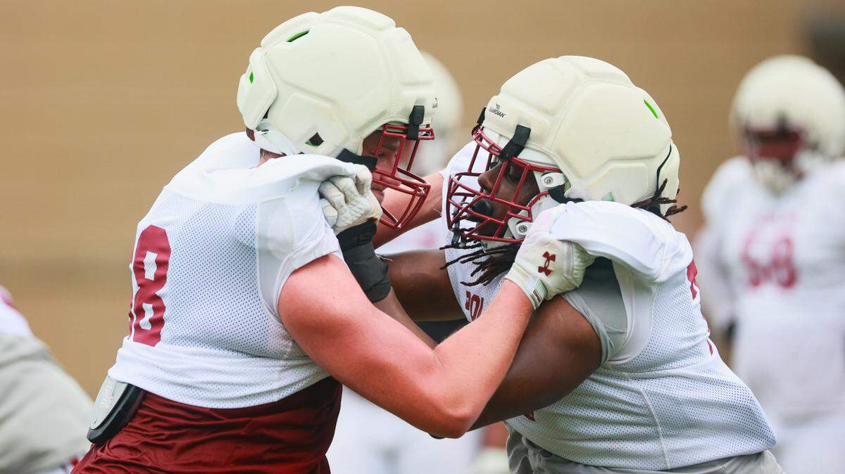 South Carolina’s Josiah Thompson, right, practices football on Thursday, April 3, 2025.