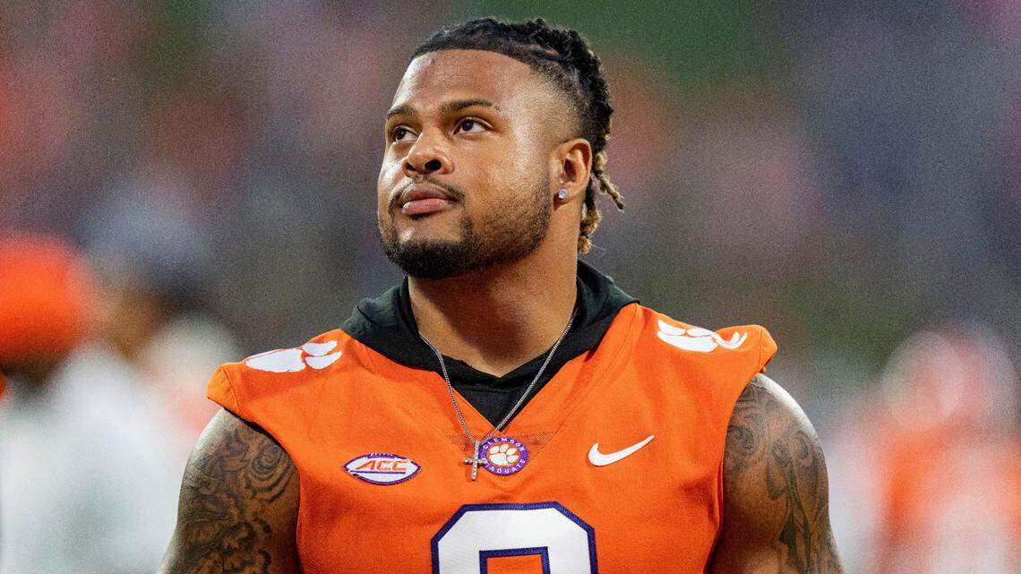 Clemson defensive end Xavier Thomas (3) looks on before an NCAA college football game against Louisiana Tech Saturday, Sept. 17, 2022, in Clemson, S.C. (AP Photo/Jacob Kupferman)