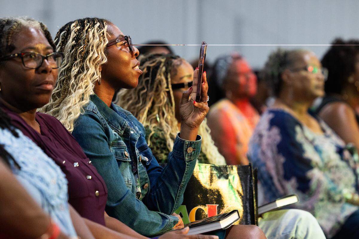 Fans listen to South Carolina women’s basketball coach Dawn Staley during the Columbia Black Expo at the South Carolina State Fairgrounds on Saturday, May 16, 2026.