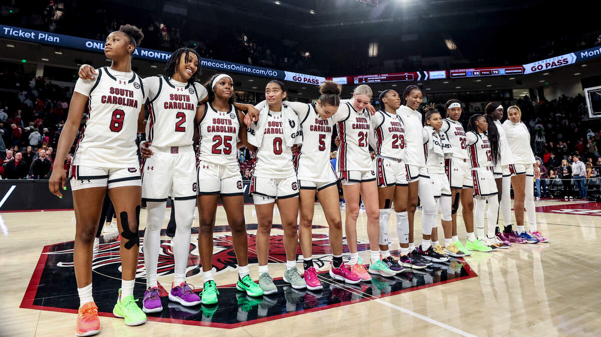 The Gamecocks gather on court after beating Duke in the Colonial Life Arena on Thursday Dec. 5, 2024.