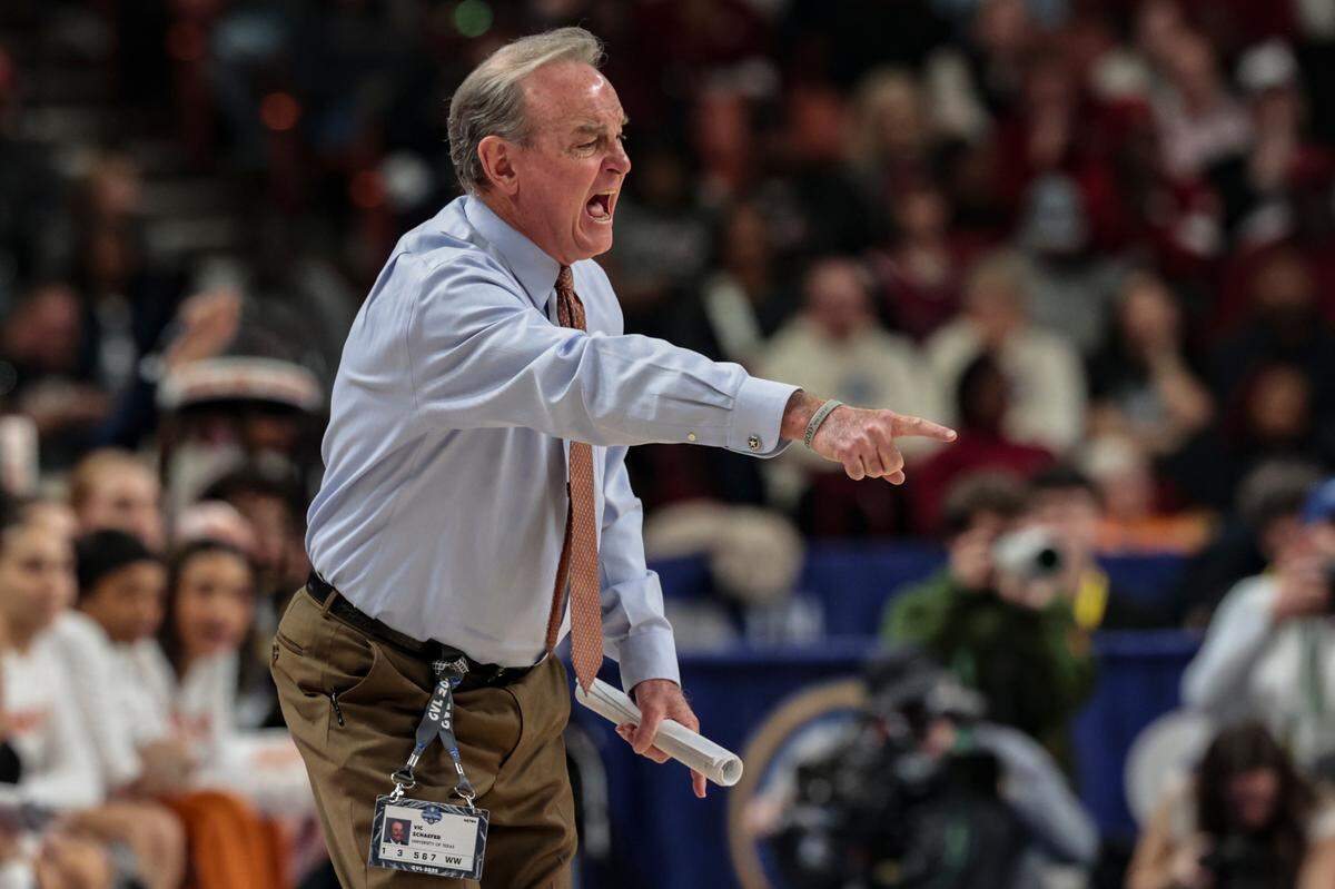 Texas’ head coach Vic Schaefer yells to his team during the second half of action against the Gamecocks in the SEC Tournament at the Bon Secours Wellness Arena in Greenville on Sunday, March 9, 2025.