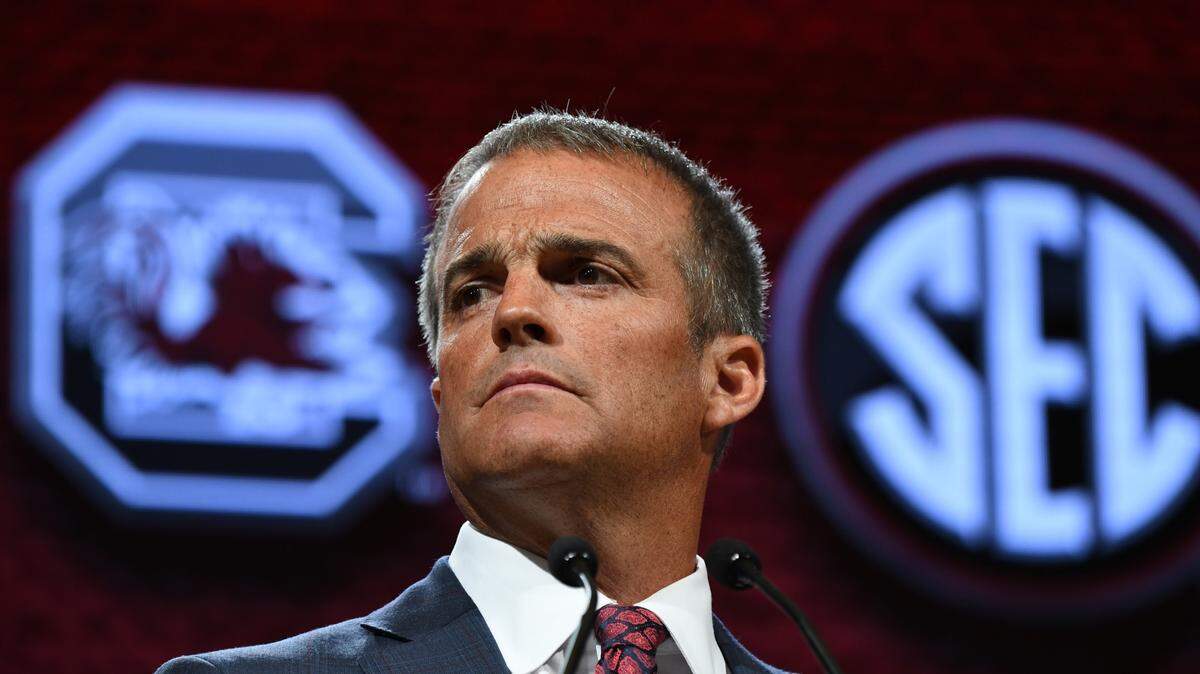 South Carolina’s Shane Beamer speak Thursday, July 20, 2023 at SEC Media Days at the Grand Hyatt hotel in Nashville, Tennessee.