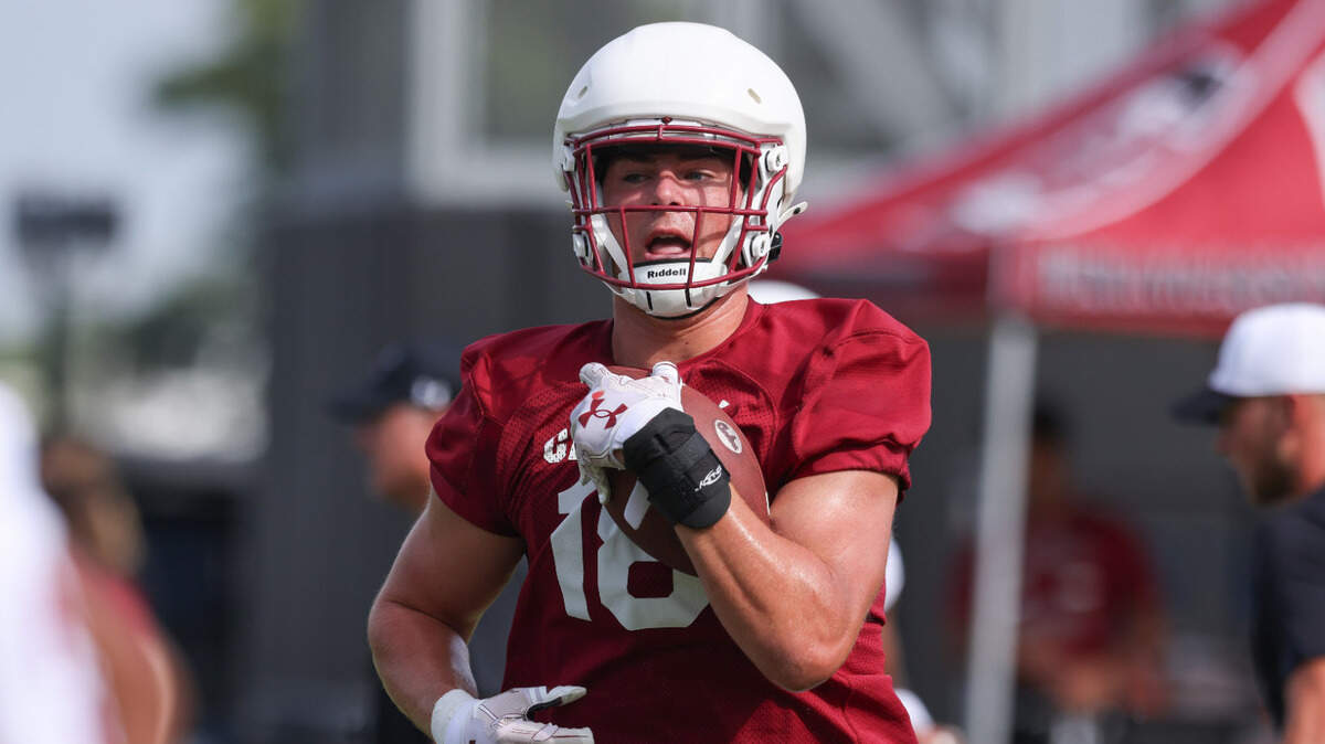 South Carolina tight end Connor Cox (18) runs drills during practice in Columbia on Saturday, August 3, 2024.