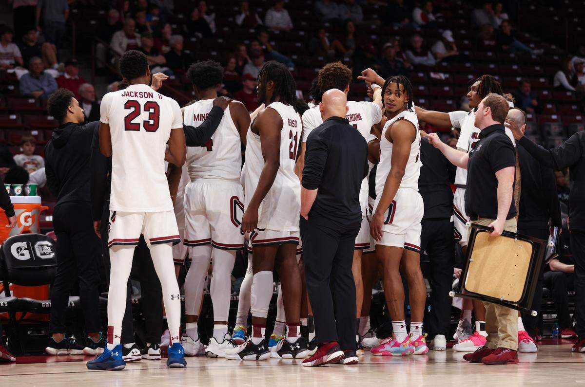 South Carolina Gamecocks forward Gregory “GG” Jackson II (23) watches his team during a huddle during South Carolina’s game against visiting Vanderbilt at Colonial Life Arena in Columbia on Tuesday, February 14, 2023.