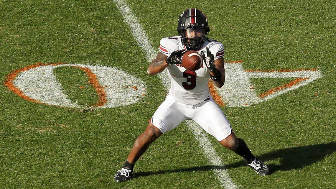South Carolina wide receiver Antwane Wells Jr. (3) catches a pass from South Carolina quarterback Spencer Rattler against Clemson during third-quarter action in Clemson, S.C. on Saturday, Nov. 26, 2022.