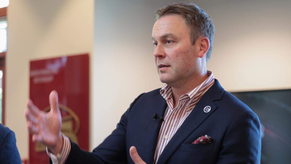 University of South Carolina Athletics Director Jeremiah Donati explains on Wednesday, Oct. 15, 2025, how the university is promoting new luxury seating at Williams-Brice Stadium. An elaborate preview center is now located in the Bignon Gameday Center, adjacent to the stadium.