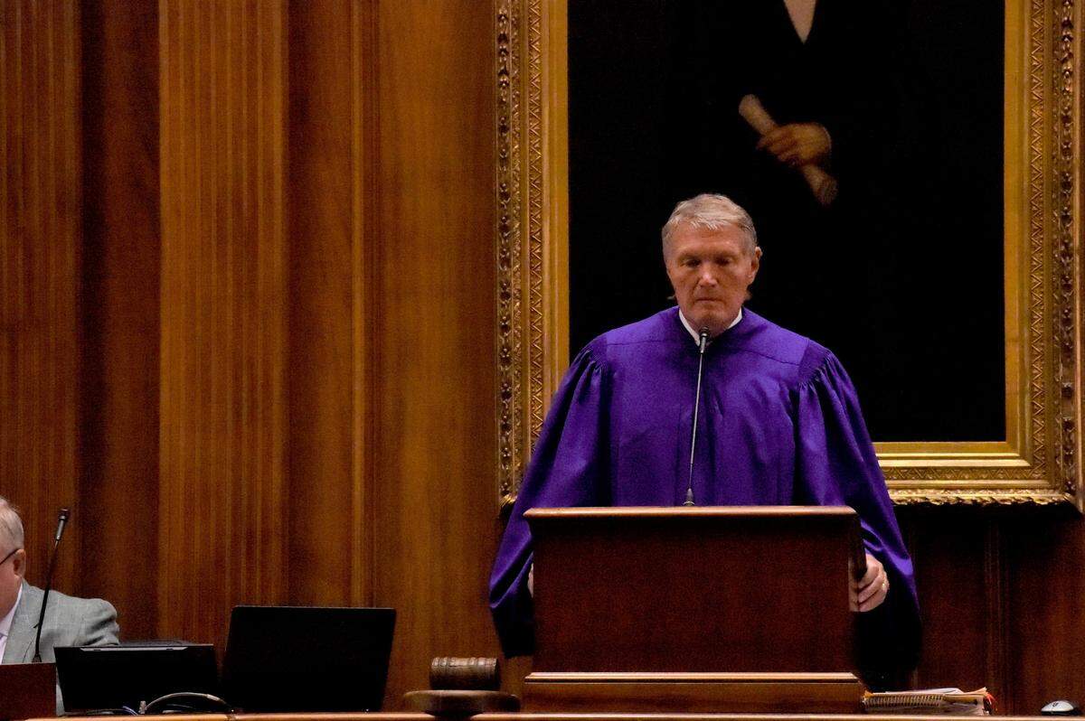 Senate President Harvey Peeler presides over the state Senate during a special, one-day session of the South Carolina Legislature on Wednesday, April 8, 2020, in Columbia, S.C. This year’s session has been paused for several weeks amid the new coronavirus outbreak. (AP Photo/Meg Kinnard)
