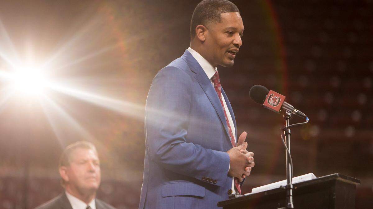 New South Carolina Gamecocks mens basketball head coach Lamont Paris speaks during a press conference introducing him at Colonial Life Arena Thursday, March 24, 2022.