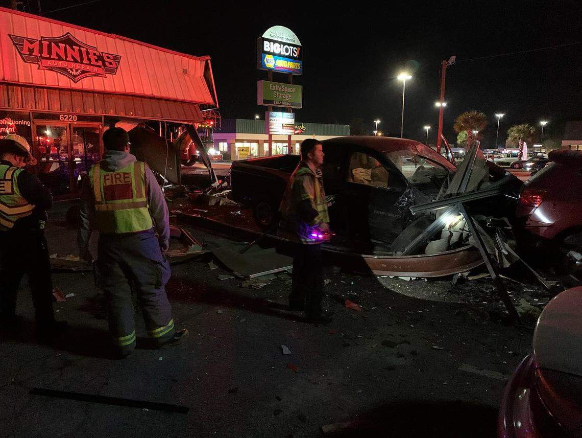 A business was substantially damaged after a truck crashed through it, according to the Irmo Fire District.