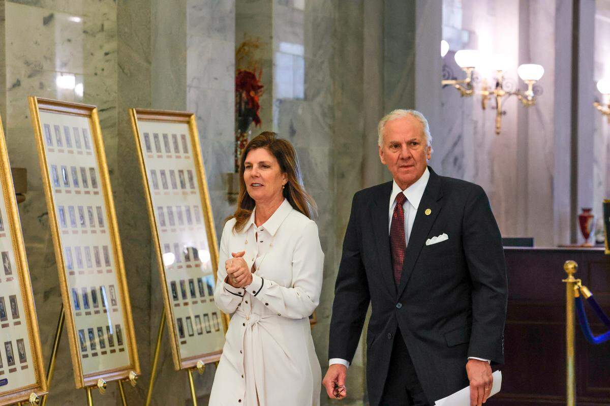 S.C. Gov. Henry McMaster and  Lt. Gov. Pamela Evette walk to a press conference at the State House on Friday, Jan. 5, 2024.