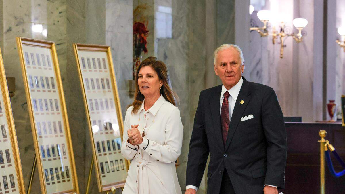 S.C. Gov. Henry McMaster and  Lt. Gov. Pamela Evette walk to a press conference at the State House on Friday, Jan. 5, 2024.