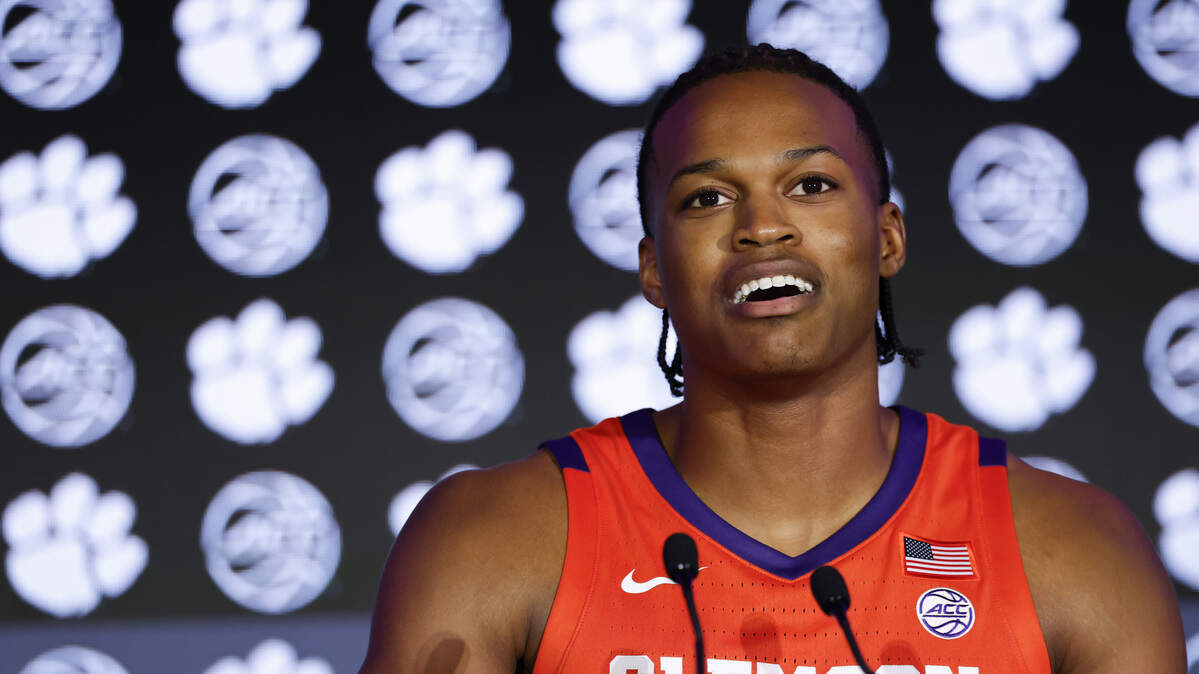 Clemson forward RJ Godfrey at the 2025 ACC Men’s Basketball Tipoff in Charlotte, N.C., Wednesday, Oct. 8, 2025.