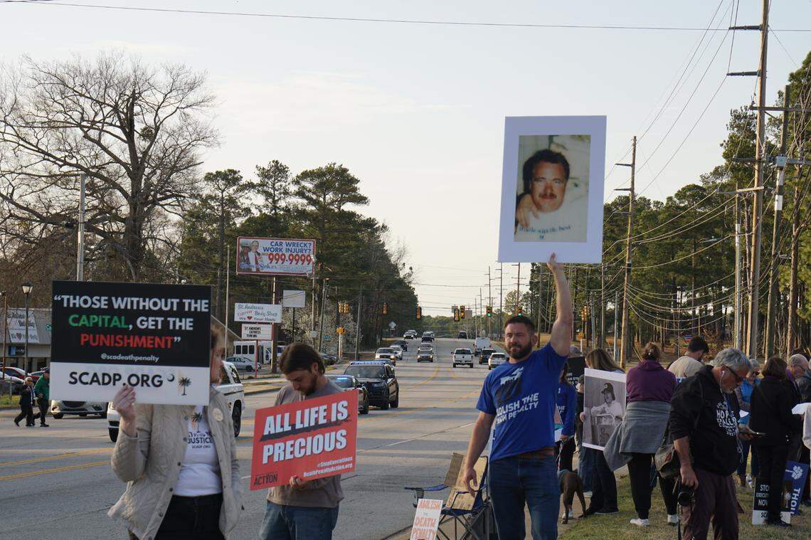 Supporters of Brad Sigmon and anti-death penalty activists gathered outside of the Broad River Correctional Institution in Columbia, South Carolina on March 7, 2025 to protest Sigmon’s execution by firing squad, the first in South Carolina’s history.