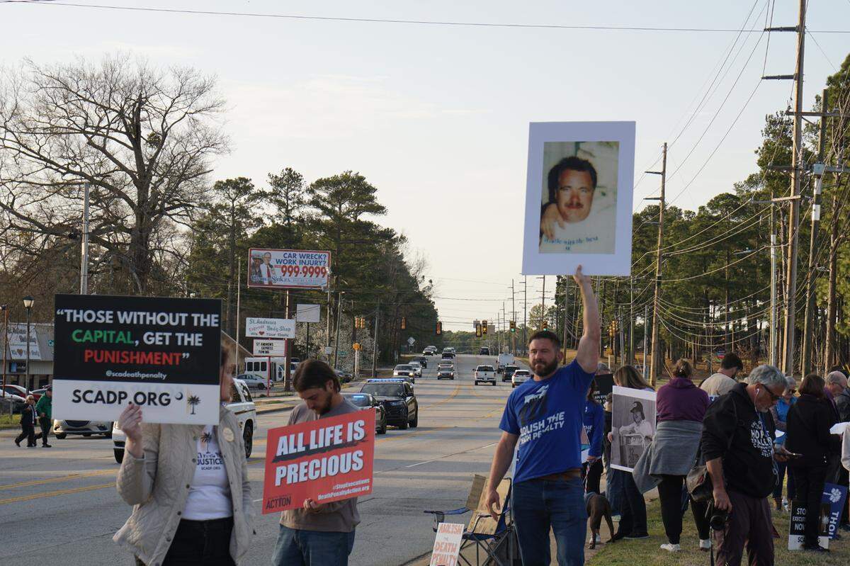 Supporters of Brad Sigmon and anti-death penalty activists gathered outside of the Broad River Correctional Institution in Columbia, South Carolina on March 7, 2025 to protest Sigmon’s execution by firing squad, the first in South Carolina’s history.