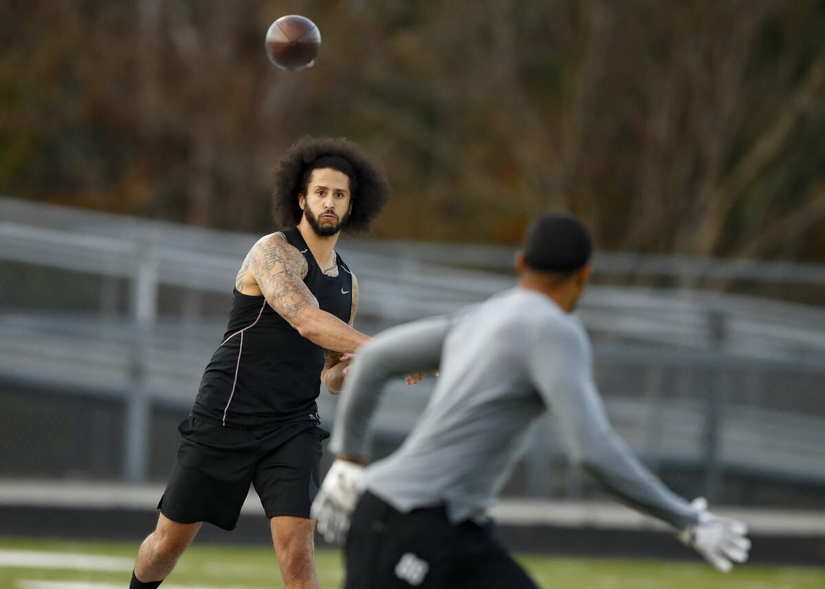 Free agent quarterback Colin Kaepernick participates in a workout for NFL football scouts and media in Riverdale, Ga.
