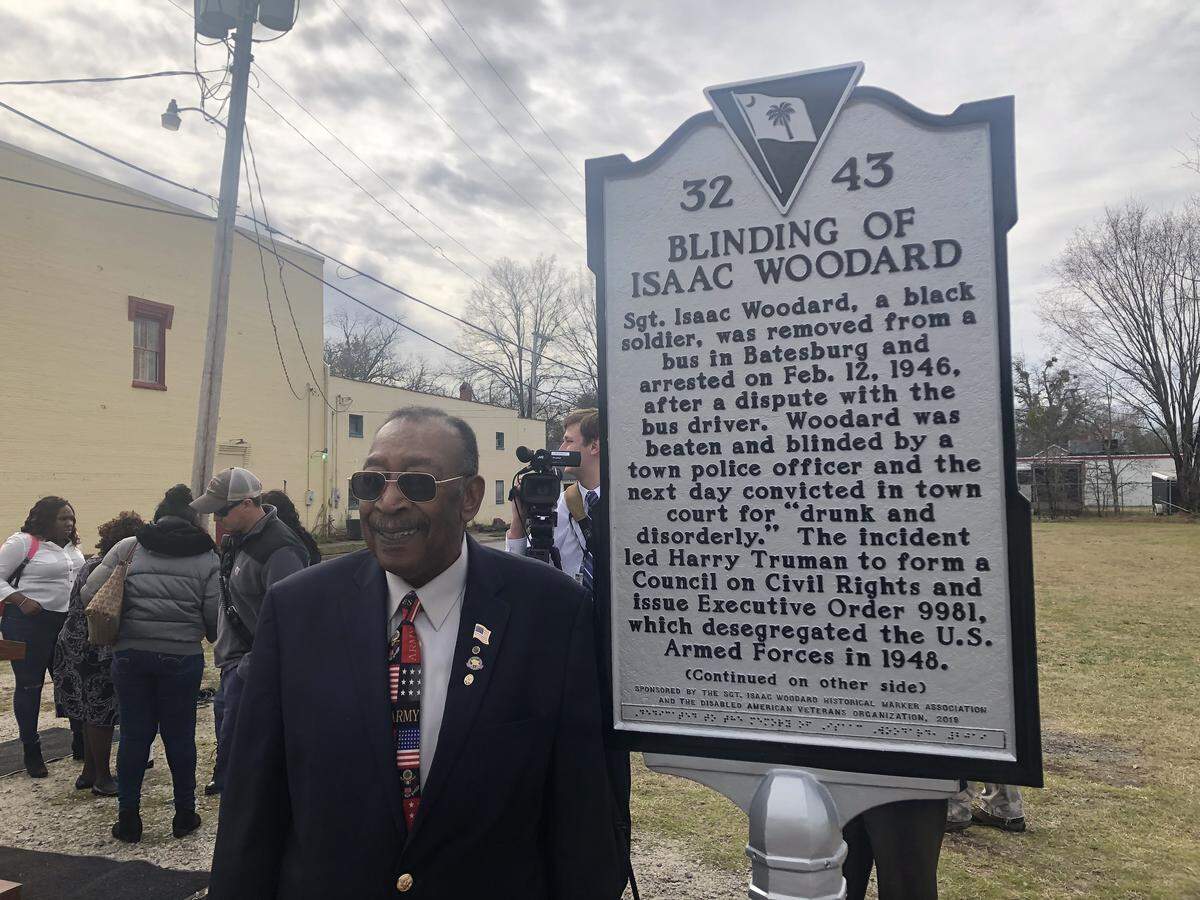 Robert Young, nephew of Isaac Woodard, in 2019 stands by the just-unveiled official historical marker of Isaac Woodard’s blinding in Batesburg-Leesville.