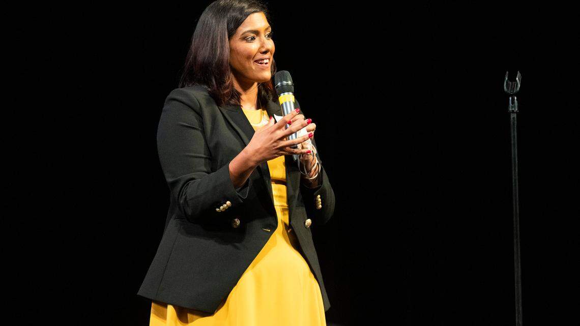 Aditi Bussells, a candidate for Columbia City Council at large seat, discusses arts and culture issues at the Koger Center on Thursday, September 2, 2021.