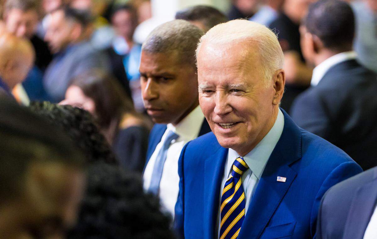 U.S. President Joe Biden greets members of the crowd after speaking at Flex LTD in West Columbia, SC, Thursday, July 6, 2023.