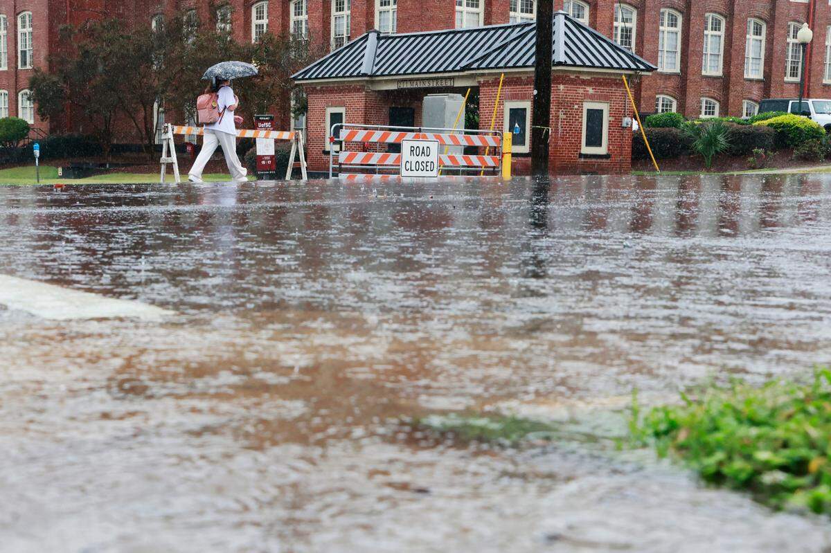 The intersection of Main Street and Whaley Street is closed due to flooding as Hurricane Helene hits Columbia, South Carolina on Thursday, September 26, 2024.