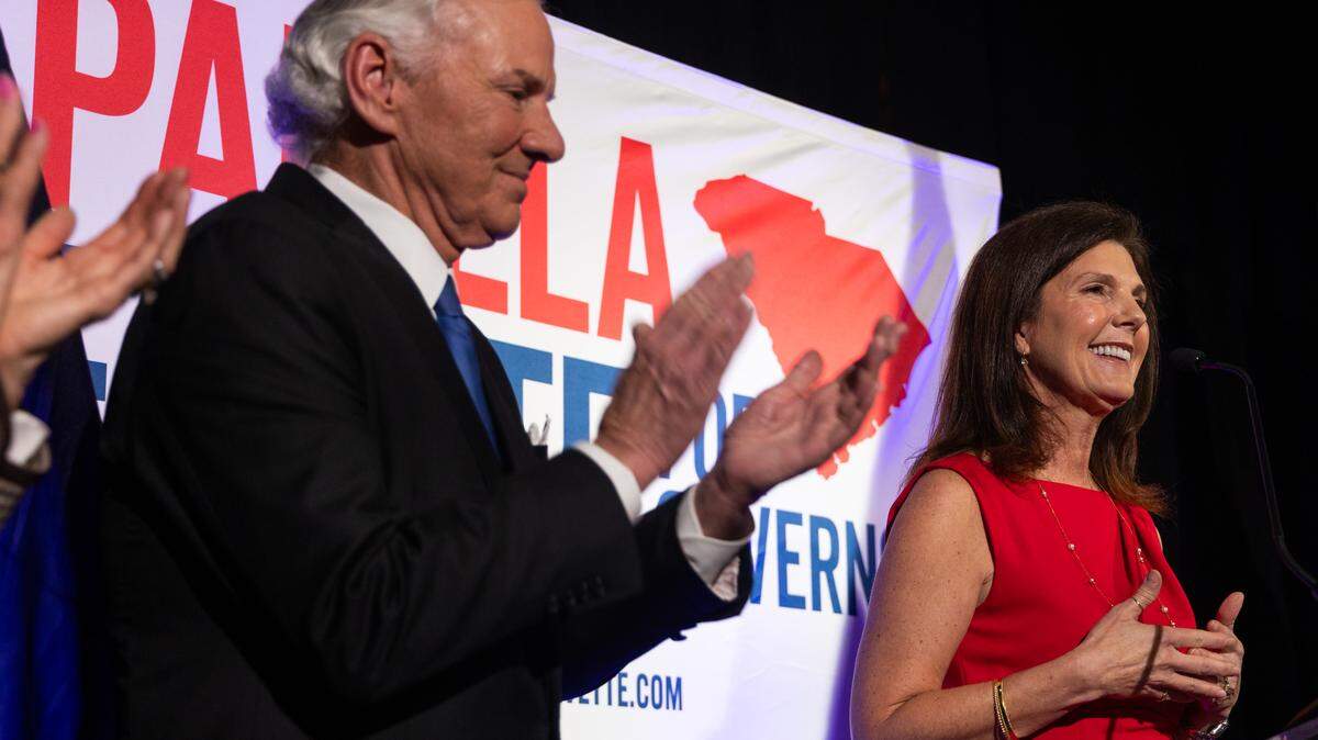 Lieutenant governor Pamela Evette accepts an endorsement from South Carolina Governor Henry McMaster in Columbia, South Carolina on Thursday, February 12, 2026. 