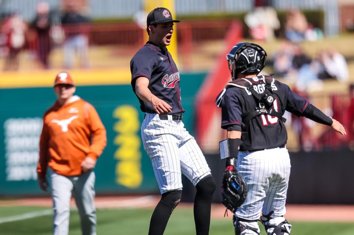 South Carolina Gamecocks pitcher Will Sanders (32) reacts after getting out of an inning against the Texas Longhorns during the first game game of their double header at Founders Park Sunday, March 13, 2022.