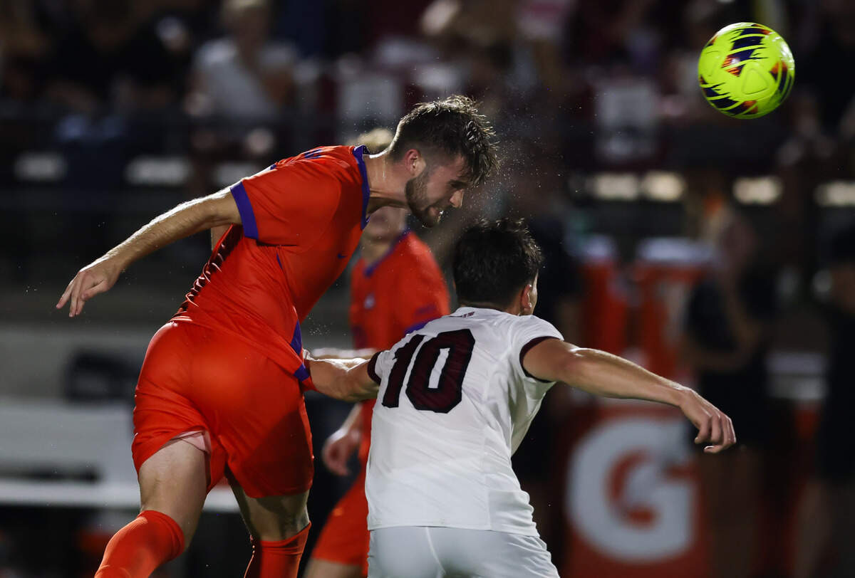 Clemson midfielder Joran Gerbet (6) goes up for a header over South Carolina forward Ethan Ballek (10) during the Gamecocks’ game against Tigers in Columbia on Friday, August 30, 2024.
