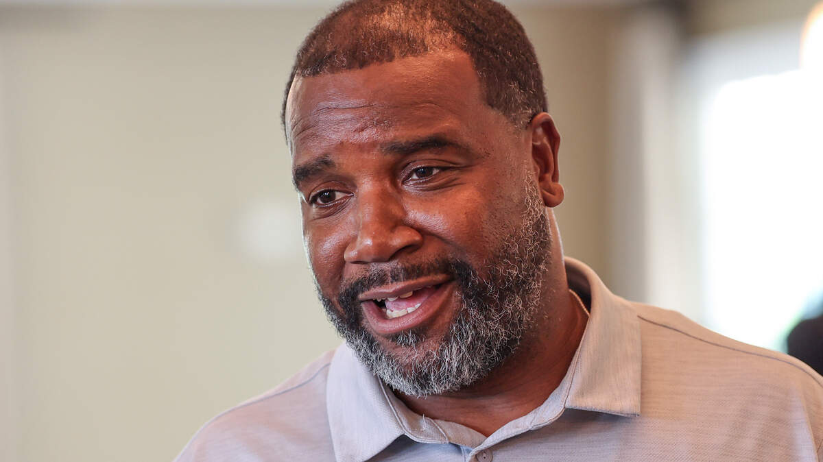 Running backs coach Marquel Blackwell speaks to the media during the Birdies with Beamer event at Cobblestone Club on Monday, July 28, 2025.