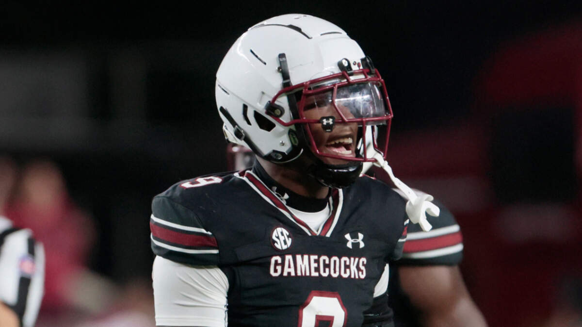 South Carolina’s Desmond Umeozulu gestures during the Garnet and Black game on April 20, 2024.