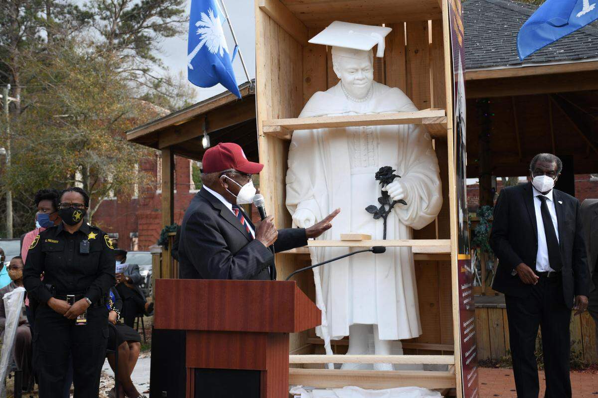 House Majority Whip Jim Clyburn, D-Columbia, speaks Friday, Dec. 17, 2021, at an event in Mayesville, where a white marble statue of Mary McLeod Bethune stopped on its way to the National Statuary Hall in Washington.