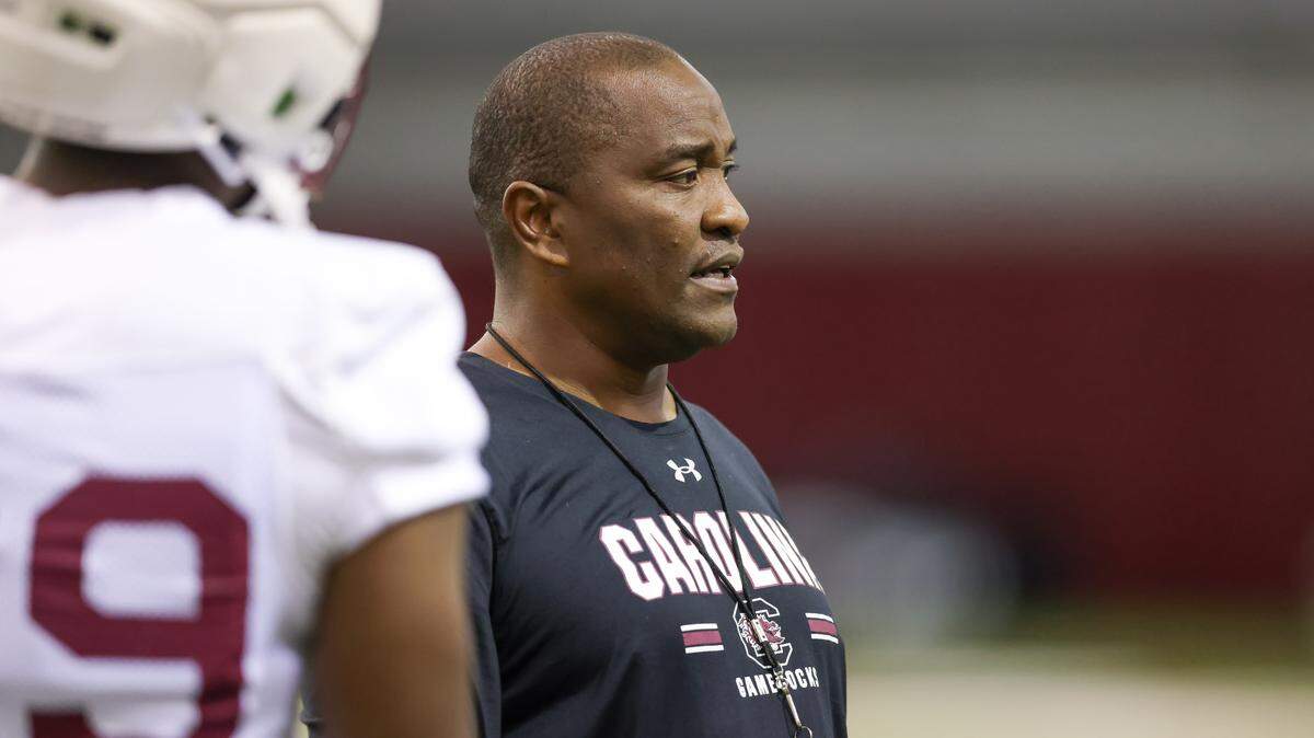 South Carolina defensive coordinator Clayton White is seen during practice in Columbia on Friday, August 8, 2025.