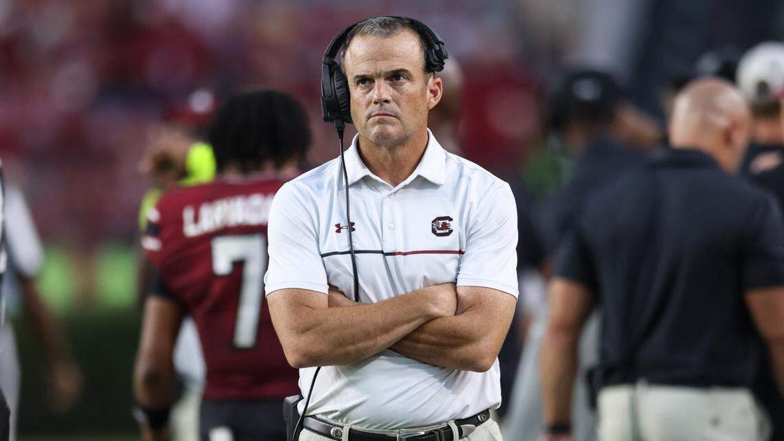 South Carolina head coach Shane Beamer looks toward the scoreboard during the second half of the Gamecocks’ game against Mississippi at Williams-Brice Stadium in Columbia on Saturday, October 5, 2024.