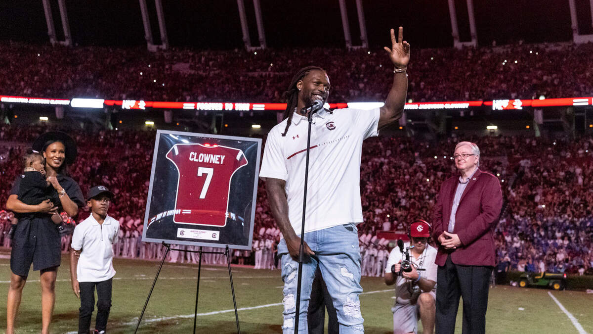 Former South Carolina player Jadeveon Clowney had his jersey retired at Williams-Brice Stadium in 2022.