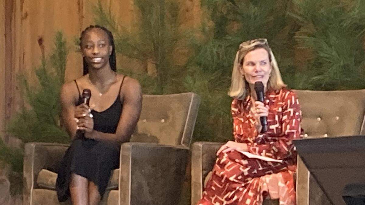 Joyce Edwards, one of the nation’s top high school basketball stars, signed with South Carolina after the university worked with her to find an academic major on environmental engineering and sustainability. Edwards is pictured on the left, with Ethel Bunch, founder of SustainSC, at a conference Oct. 24 , 2024 in Columbia.