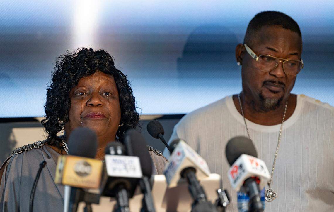 Lakesha Butler and John Matthews speak of their son’s death during a press conference at the Strom Law Firm in Columbia on Wednesday, Aug. 3, 2022. Lason Butler died while he was incarcerated at Alvin S. Glenn Detention Center.
