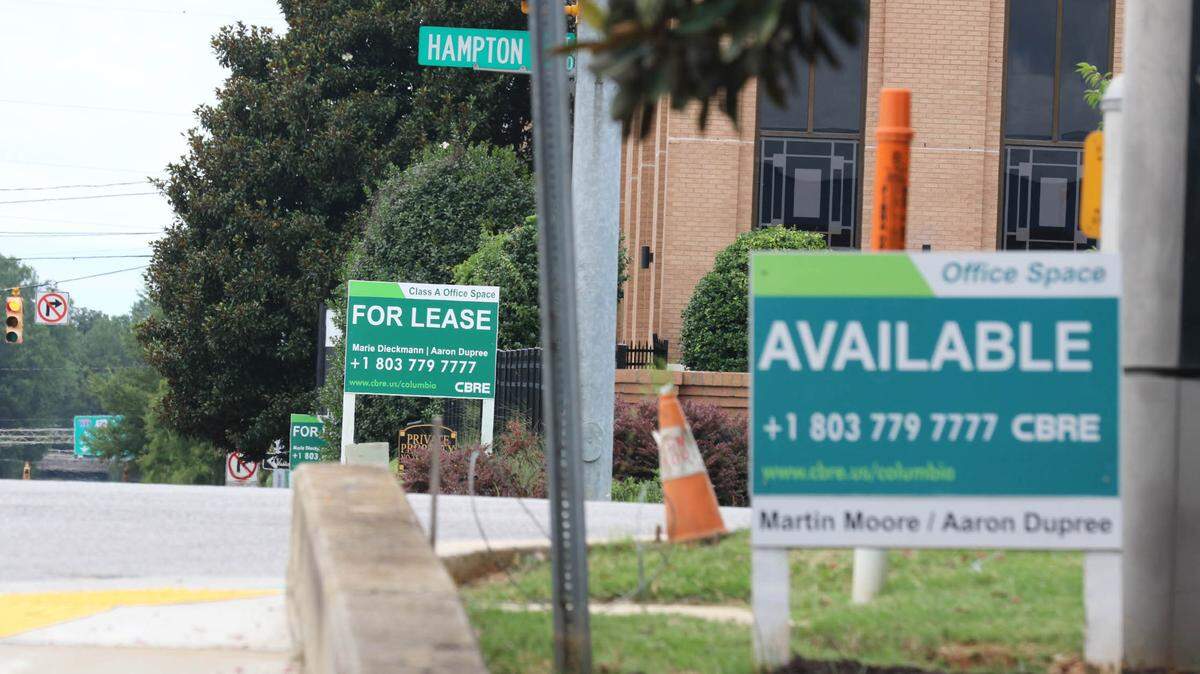 Office buildings on Huger Street in Columbia advertised space available.