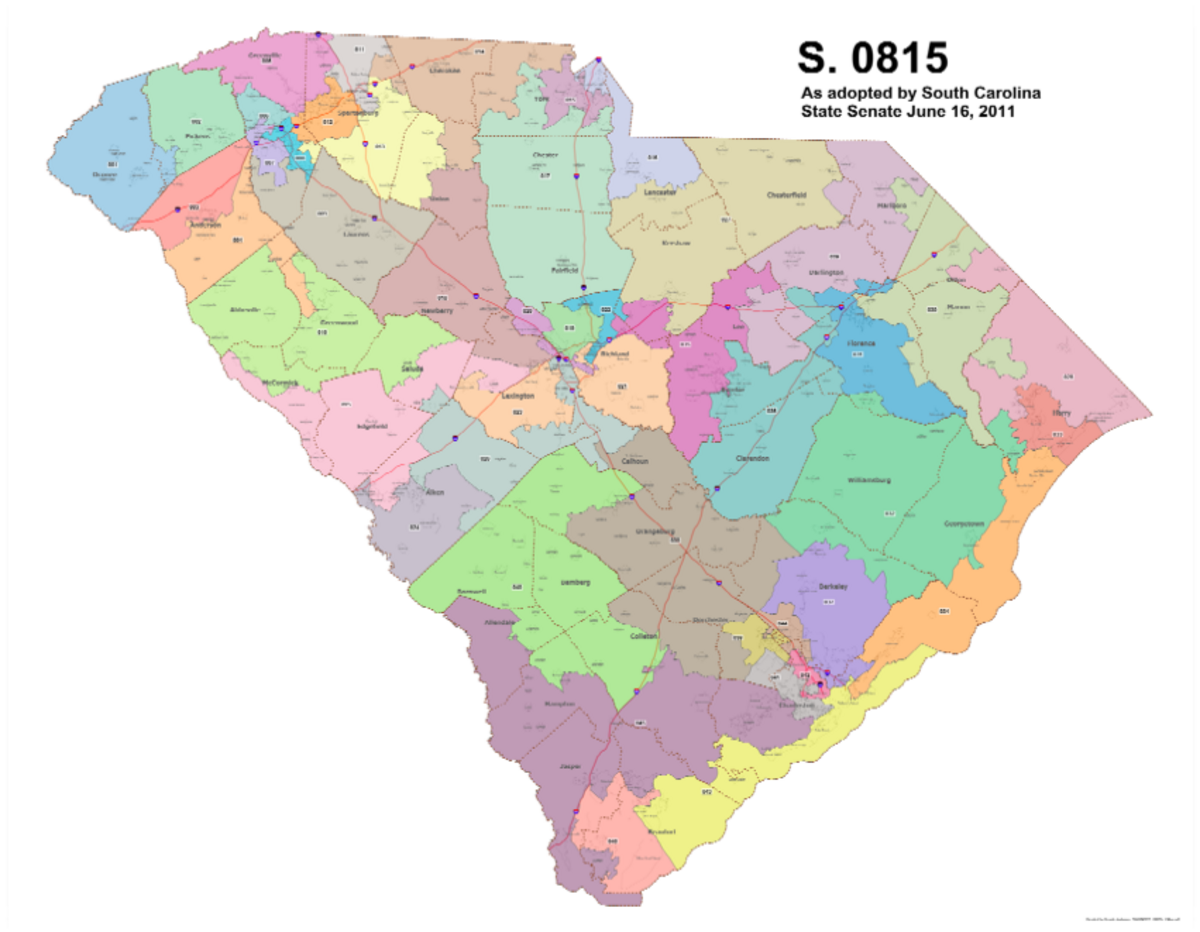 The South Carolina Senate district map adopted by the Senate in 2011, the last time the Legislature tackled redistricting.