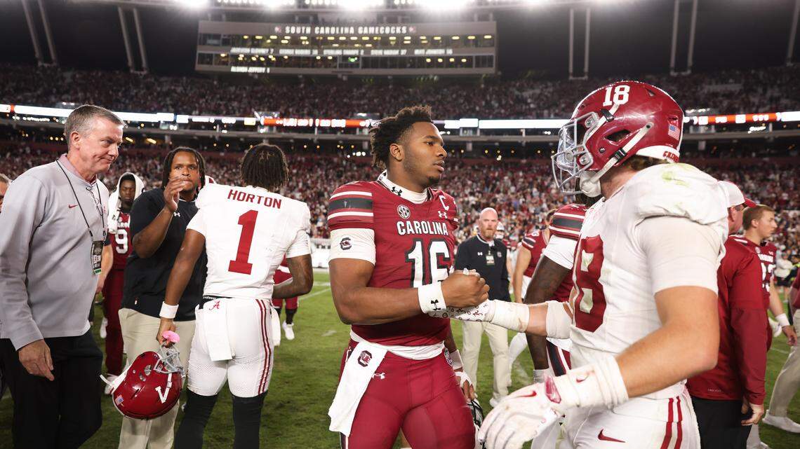 South Carolina quarterback Lanorris Sellers (16) congratulates Alabama defensive back Bray Hubbard (18) following the Gamecocks’ loss to Alabama at Williams-Brice Stadium in Columbia on Saturday, October 25, 2025.