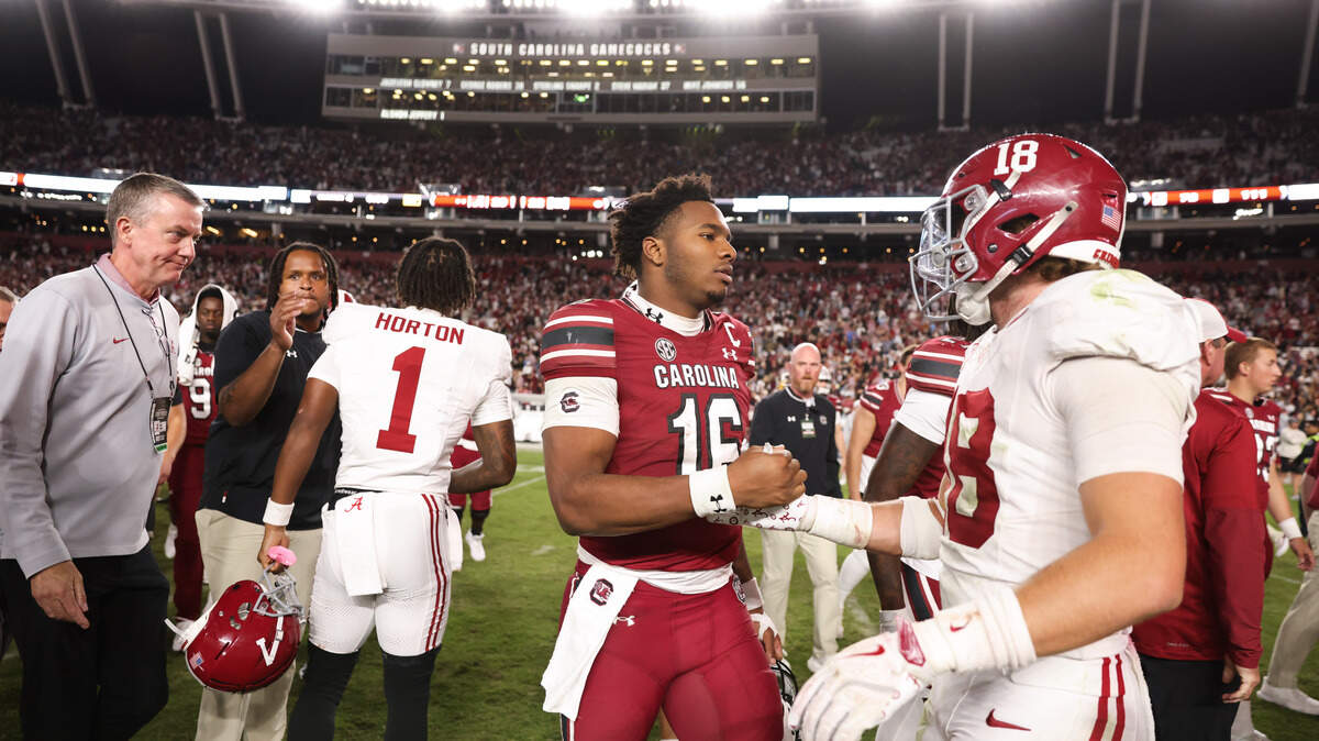 South Carolina quarterback Lanorris Sellers (16) congratulates Alabama defensive back Bray Hubbard (18) following the Gamecocks’ loss to Alabama at Williams-Brice Stadium in Columbia on Saturday, October 25, 2025.