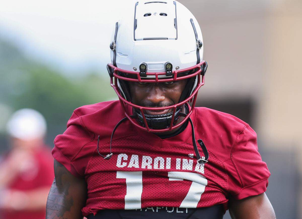 South Carolina wide receiver Xavier Legette runs drills during the first day of practice in Columbia on Friday, August 4, 2023.