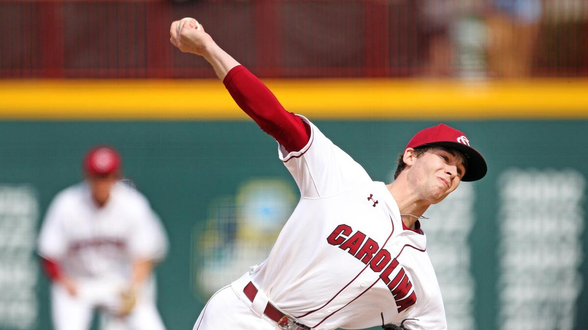 South Carolina’s Brannon Jordan pitches Sunday in Game 3 of the weekend series against Northwestern at Founders Park.